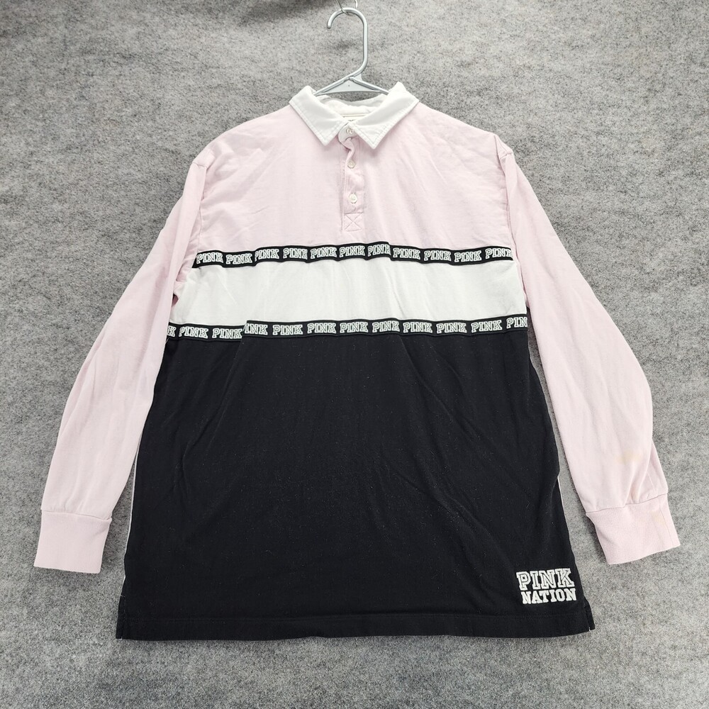 PINK Victoria Secret Polo Shirt Womens Small Long Sleeve Colorblock